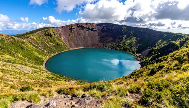 Vibrant turquoise crater lake inside a volcanic caldera.