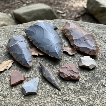 Collection of Arrowhead Stones and Flakes on Rock Surface.