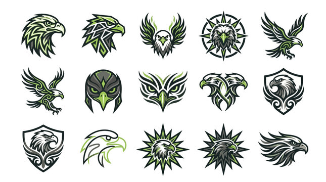Green eagle emblems and tribal bird logo set.