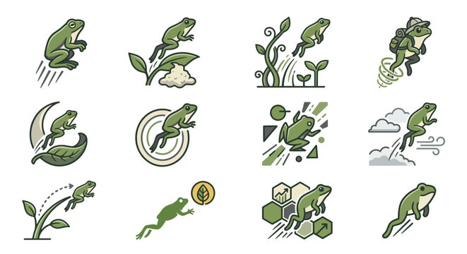 Green frog character in various dynamic action poses.