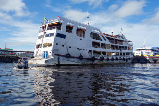 Manaus, AM, Brazil - 04.27.2026: huge wooden balsa ships at port of Manaus