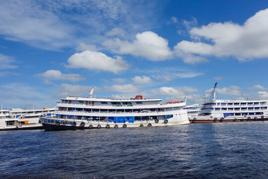 Manaus, AM, Brazil - 04.27.2026: huge wooden balsa ships at port of Manaus