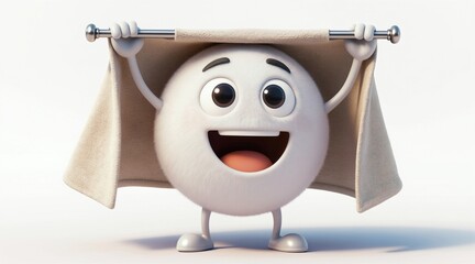 Naklejka premium Cute white sphere character smiles holding towel over head. Cartoon figure wears fabric drape like clothes. Simple design conveys joy happiness, playful mood. Ideal mascot for kids brand cheerful
