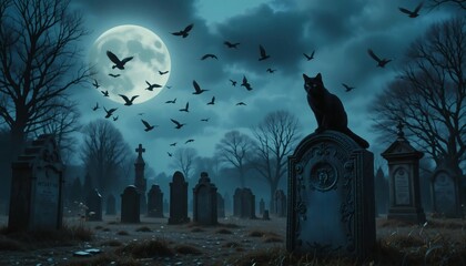 Fototapeta premium Moonlit Graveyard With Black Cat and Birds