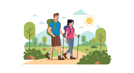 Fototapeta premium Man and woman hiking in forest with backpack and stick. Couple walking along track on sunny day. Travel activity and recreation concept. Flat cartoon vector illustration