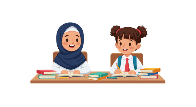 Cartoon happy girl in hijab and schoolgirl sitting at desk with book and writing in notebook. Diverse student studying in classroom. Education concept. Vector illustration