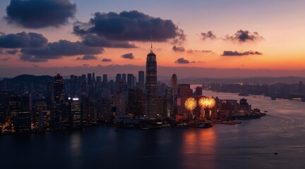 Fototapeta premium City skyline at dusk with fireworks over water. Tall skyscrapers illuminate waterfront during colorful sky display. Boats sail on river near illuminated metropolis.