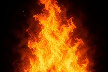 Fototapeta premium Vibrant flames dance against a deep black void. Orange and yellow hues pulse with raw energy. Flames rise with dynamic motion, casting radiant light. Ideal for dramatic or intense visual storytelling