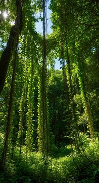 Lush Green Forest with Tall Trees and Sunlight Filtering Through Canopy.