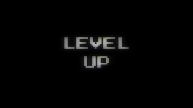A bright green pixel font text displaying LEVEL UP with arrow icons on a dark digital game background