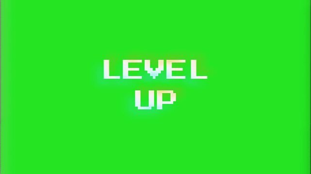 A bright green pixel font text displaying LEVEL UP with arrow icons on a dark digital game background