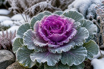 Obraz premium Frost glistens on vibrant purple cabbage leaves. Snow blankets garden rocks and surrounding foliage. Winter's chill clings to each leaf edge delicately