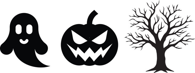 Obraz premium Black Silhouette Halloween Icons Set with Ghost, Spooky Pumpkin, and Bare Tree on White Background
