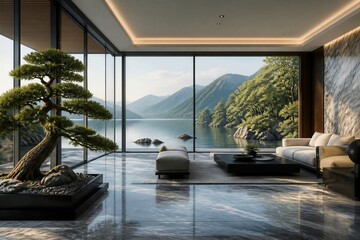 Naklejka premium Modern living room overlooks serene lake and mountain vistas. Minimalist furniture invites calm, quiet reflection. Polished floors mirror ambient light and natural surroundings