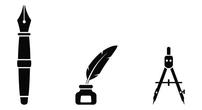 Writing implements and drafting tool black silhouettes on a white background