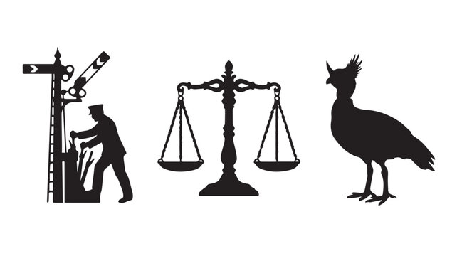 Silhouette icons of a railway worker, scales of justice and a crested bird Vector