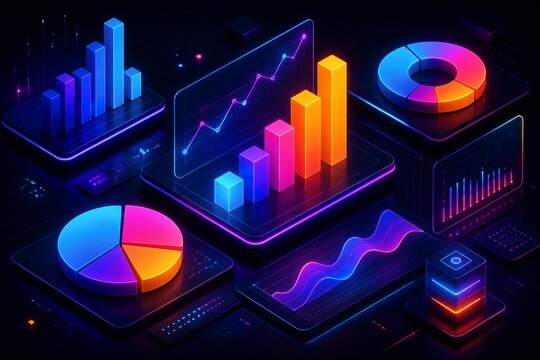 Vibrant digital charts glow with neon hues. Data trends pulse in futuristic, high-tech display. Bright bars, waves, and pie slices pulse with energy. Ideal for business, analytics