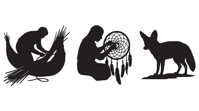 Native american silhouettes of craftspeople and a fennec fox Vector