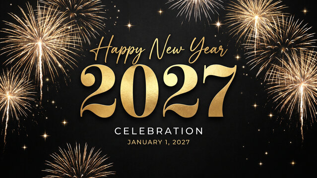 Luxury New Year Celebration Poster
Elegant Happy New Year 2027 poster, black background with gold and white fireworks, sparkling stars, modern typography, large bold "2027" in the center, handwritten 