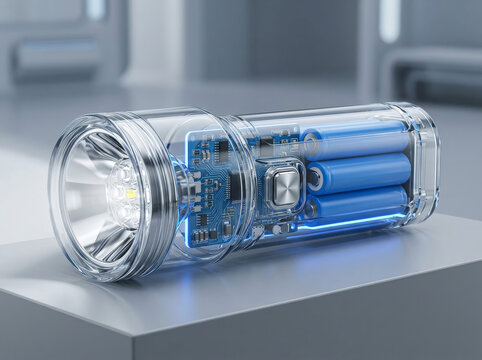 A transparent flashlight reveals its glowing blue batteries and intricate internal circuitry. The conceptual lighting device highlights advanced portable power technology and modern electrical enginee