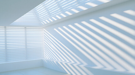 Fototapeta premium Bright, minimalist interior with white walls and soft shadows created by window blinds, evoking peace and tranquility.