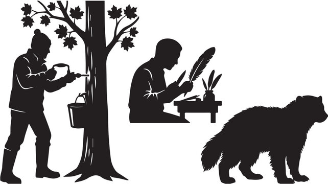 Black silhouette set of a maple syrup farmer, a writer, and a wolverine animal Vector