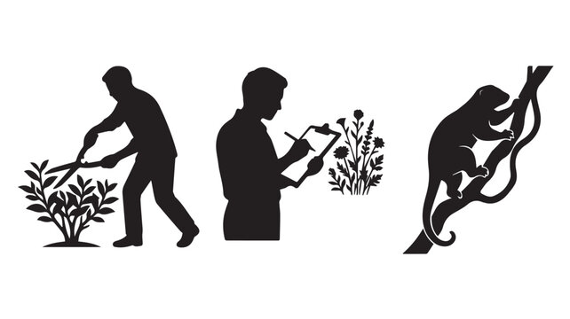 Silhouettes of a gardener pruning a plant, a botanist researching, and a monkey Vector