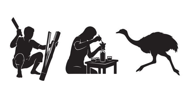 Set of black silhouettes showing people working and an ostrich bird running Vector