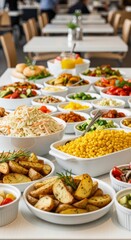 Obraz premium Abundant buffet of colorful side dishes and roasted potatoes served in a bright cafeteria setting, promoting communal dining