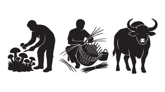 Black silhouettes of farmer picking mushrooms, basket weaver and water buffalo Vector