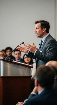 Engaged Scientist Presents Complex Ideas to Audience Behind Podium in Conference Room