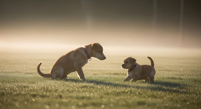 Two Dogs Playing in Open Field During Sunset.