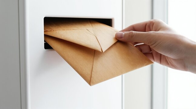 Hand places brown envelope into white mailbox inside bright home. Postal delivery concept shows secure correspondence. Simple domestic scene conveys message, personal communication or letter deposit.