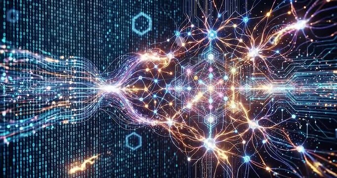 Artificial intelligence neural network data circuit digital technology machine learning deep learning big data innovation futuristic data flow stream through digital network interface binary code