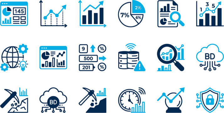 Business icons showcase various symbols for industry, technology, security, and productivity.