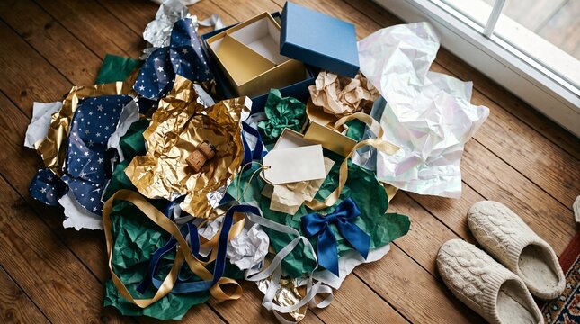 Messy pile of colorful gift wrapping paper on wooden floor for Christmas