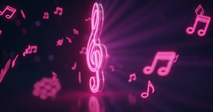 Neon music note treble clef symbol, pink glowing abstract light background with bokeh, futuristic digital party nightclub concept, floating neon icon on dark modern backdrop for music visuals