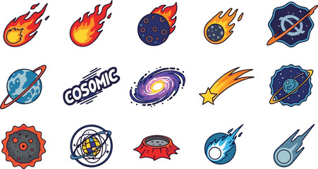 Space Galaxy Planets and Meteor Comet Cosmic Astronomy Icon Collection © Firoz
