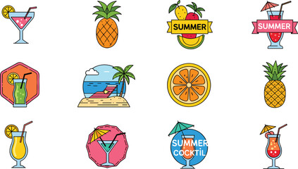 Fototapeta premium Summer Tropical Cocktail Drinks and Fresh Fruit Beach Vacation Icons