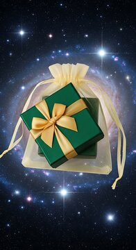 Elegant Gift Box with Gold Ribbon in Cosmic Background.