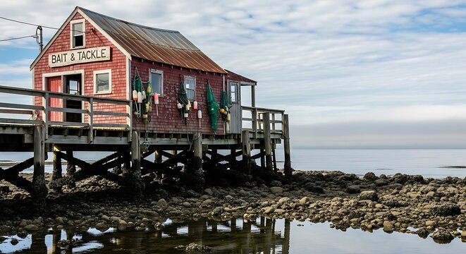 Colorful Coastal House on Wooden Pier by Ocean.