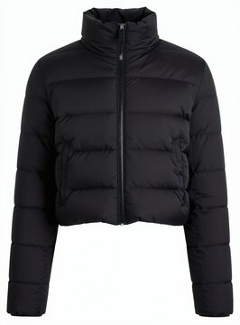 Black puffer jacket displayed front, back. Warm quilted coat features stand-up collar plus full zip closure. Casual winter apparel ideal for cold weather or layering. Modern design suits urban style.
