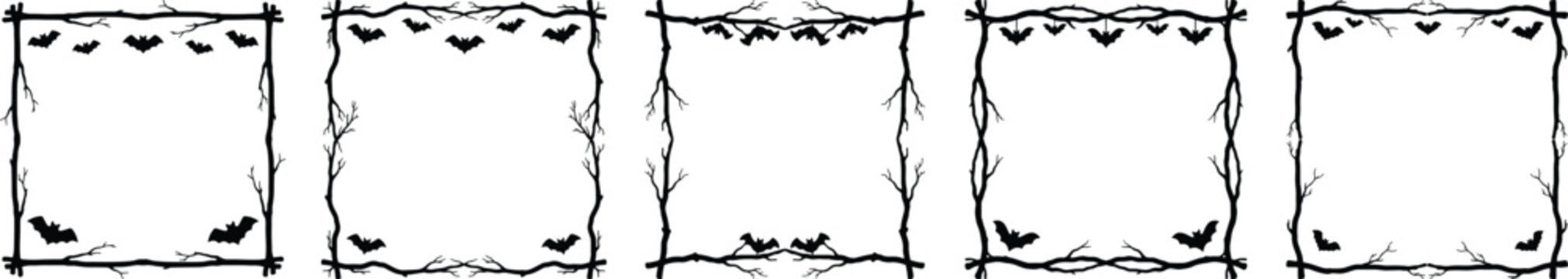 Halloween frames borders with bats and twigs for photo editing and decoration, square frames made from twisted tree branches and roots perfect for a spooky or rustic design