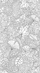 Fototapeta premium Intricate Black and White Coloring Page with Floral and Animal Designs for Relaxation.