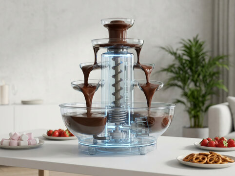 Futuristic domestic appliance concept. A modern transparent chocolate fountain on a white table, showing its internal rotating screw mechanism. Flowing liquid chocolate with plates of fresh strawberri