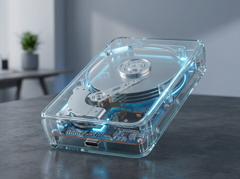 A high-capacity transparent external drive or power bank reveals its internal storage architecture. This portable gadget showcases the beauty of hardware engineering through its clear protective shell