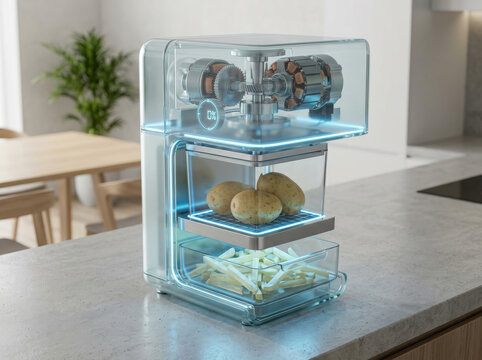 A transparent multi tier kitchen appliance steams and cooks potatoes and french fries on a countertop. The clear casing design offers a futuristic look at modern food preparation.