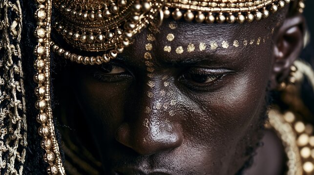 Man, adorned with classic African ornaments, shines.