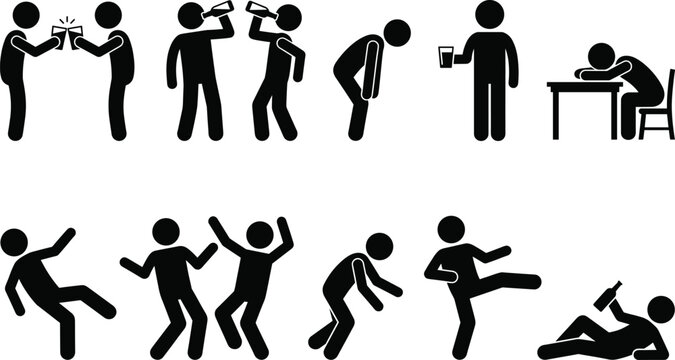 Stick figure pictogram set depicting stages of drinking alcohol, celebration, drunkenness, and addiction behaviors