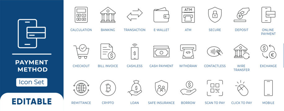 Payment Method Finance and Banking Line Icon Set. Digital E-Wallet and Online Transaction Editable Vectors.